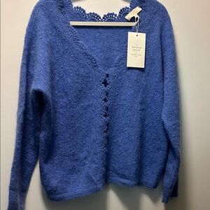 Sézane Anaelle Blue Lace-Trimmed Cardigan